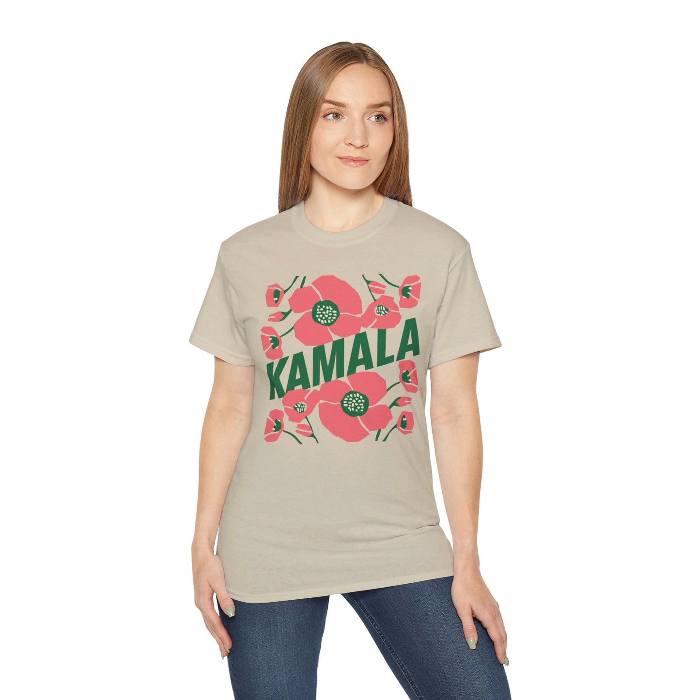 Kamala - Big Poppies tee Pink/Green (Printify)