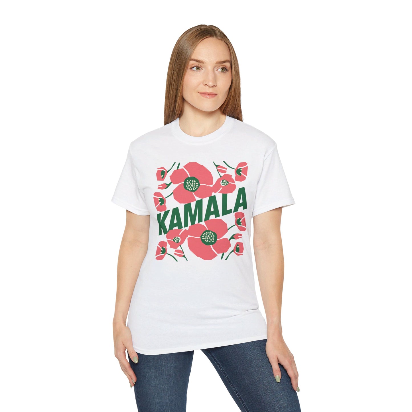 Kamala - Big Poppies tee Pink/Green (Printify)