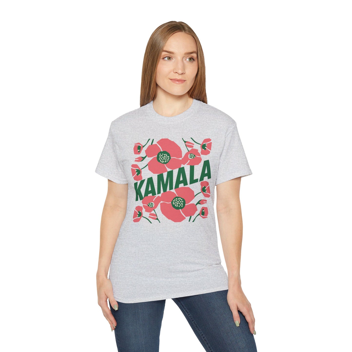 Kamala - Big Poppies tee Pink/Green (Printify)