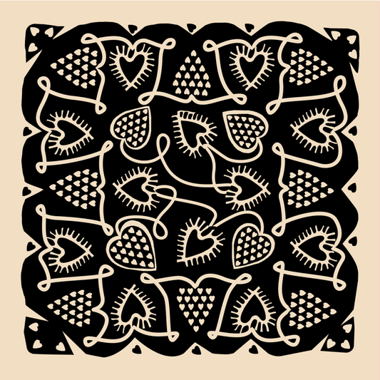 Square bandana with a cream colored base and a black pattern of intertwined hearts