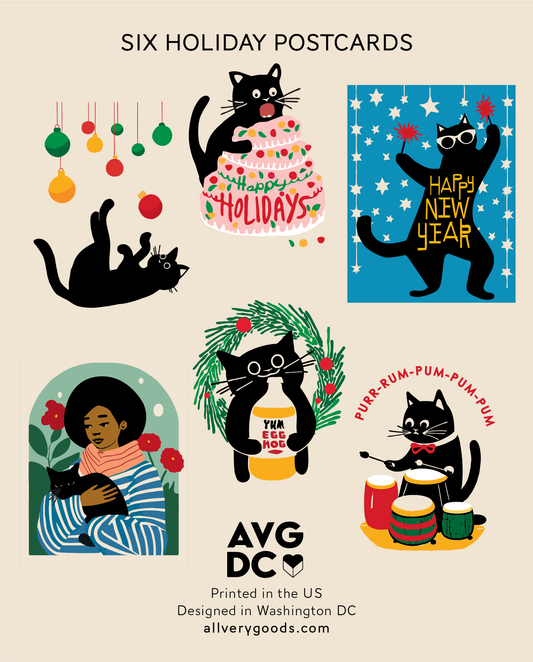 Holiday Cats Postcards - Set of Six (Egg Nog cat and 5 more friends!)