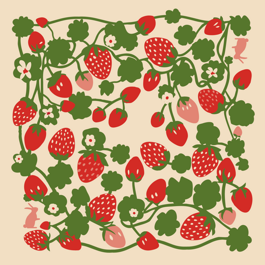 Bandana design with a cream colored base and vines of red and pink strawberries and leaves. There are two pink rabbits one in the top right corner and one in the bottom left corner.